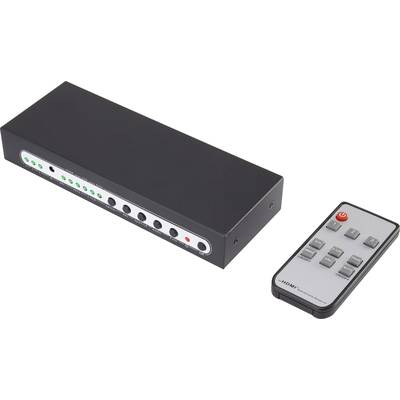 'Ein HDMI-Umschalter mit mehreren Anschlüssen, begleitet von einer Fernbedienung mit Tasten für Eingangsauswahl und Stromversorgung.'