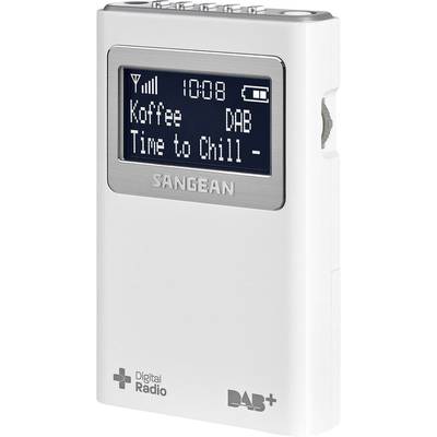 Ein tragbares DAB+ Digitalradio von SANGEAN zeigt auf dem Display 'Kaffee Time to Chill'. Uhrzeit 10:08, Akkuanzeige voll.