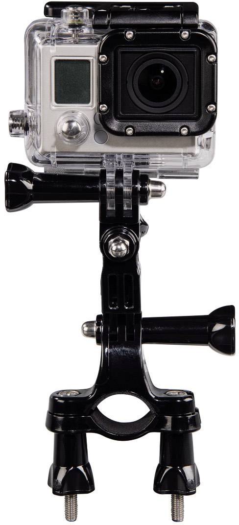 Eine Action-Kamera in einem schwarzen Halterungsrahmen, montiert auf einer verstellbaren Halterung, bereit für Outdoor-Aufnahmen.