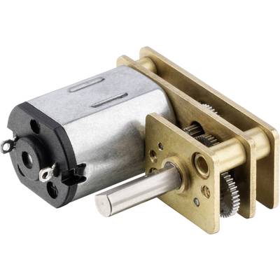 Ein kleiner Gleichstrommotor mit einem Metallgetriebe. Der Motor ist kompakt und hat ein zylindrisches Gehäuse, das mit Zahnrädern verbunden ist.