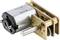 Ein kleiner Gleichstrommotor mit einem Metallgetriebe. Der Motor ist kompakt und hat ein zylindrisches Gehäuse, das mit Zahnrädern verbunden ist.