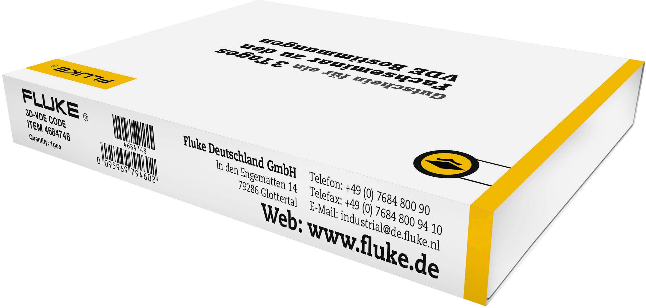 Eine weiße Verpackung mit der Aufschrift 'Fluke Deutschland GmbH'. Enthält Firmeninformationen, Telefon, E-Mail und Website.