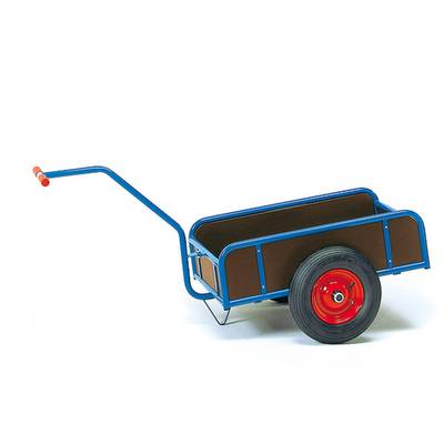 Ein blauer Handwagen mit roten Rädern und brauner Ladefläche, geeignet zum Transport von Gartenwerkzeugen oder kleinen Lasten.