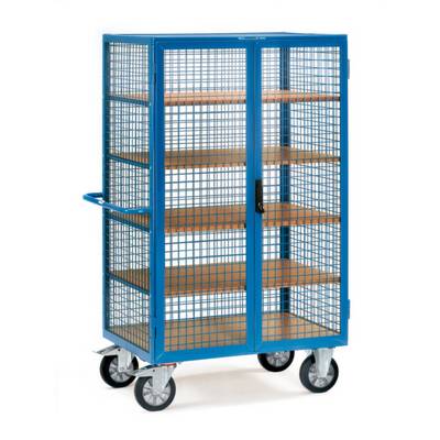 Ein blauer Gitterrollwagen mit vier Etagen und Griff, stehend auf vier schwarzen Rädern. Ideal zum Transportieren oder Lagern.