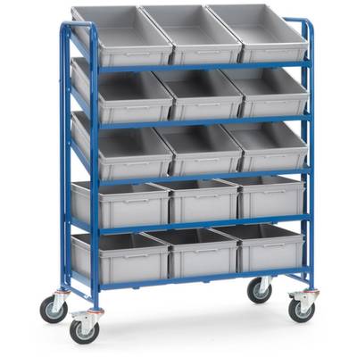 Rollwagen mit blauen Rahmen und grauen Aufbewahrungsboxen auf fünf Regalen; Boxen sind kippbar; Wagen hat vier Rollen.