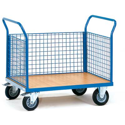Transportwagen mit blauen Metallgittern und Holzplattform, vier Rollen. Verwendet für den Transport von Waren oder Materialien.