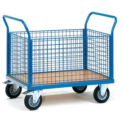 Ein blauer Transportwagen mit Gitterwänden und vier Rädern. Er hat einen Holzboden und zwei Griffe an den Enden.