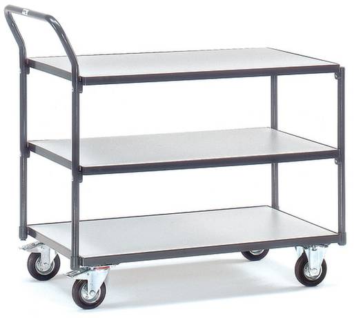 Ein dreistöckiger Servierwagen aus Metall mit vier Rädern, der für den Transport von Gegenständen in einem Lagerhaus oder Büro geeignet ist.