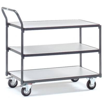Ein dreistöckiger Servierwagen aus Metall mit vier Rädern, der für den Transport von Gegenständen in einem Lagerhaus oder Büro geeignet ist.