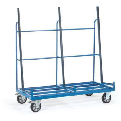 Blauer Rollwagen mit Metallrahmen und vier Rädern, geeignet zum Transport von großen, flachen Gegenständen wie Glas- oder Holzplatten.
