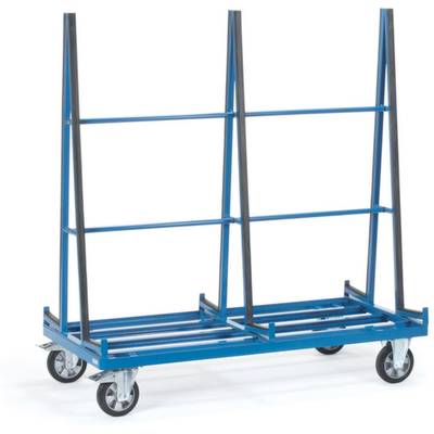 Blauer Metallwagen mit Rädern, designed zum Transportieren von Platten oder Glas.