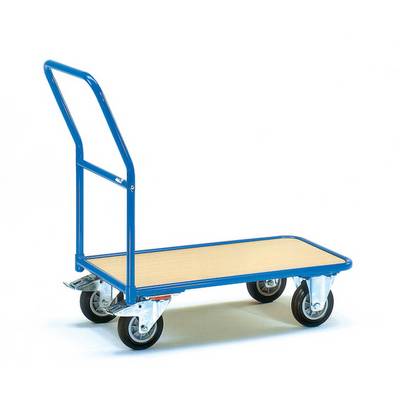 Blaue Transportkarre mit vier Rädern und einem Griff, geeignet für den Transport schwerer Lasten auf einer flachen Oberfläche.