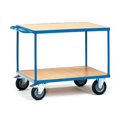 Transportwagen mit zwei Holzplatten und blauen Metallrahmen. Vier Räder, davon zwei lenkbar. Geeignet für den Transport leichter Lasten.