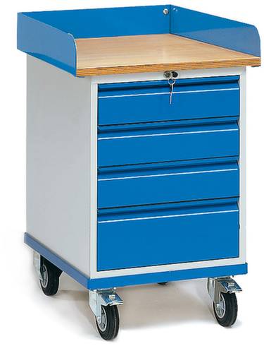 Metallschrank auf Rollen mit blauer Lackierung. Vier Schubladen mit Schloss und einer Holzplatte oben.