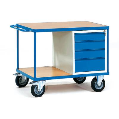 Rollwagen mit vier blauen Schubladen, Holzablage oben und unten, Metallrahmen, vier Räder, Griff zum Schieben.