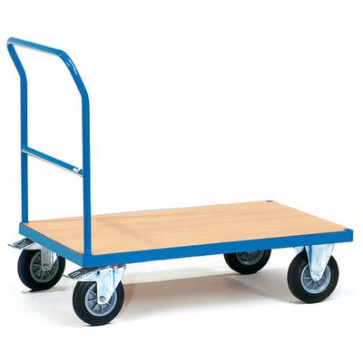 Ein blauer Transportwagen mit Holzboden und vier Rollen, geeignet zum Bewegen von schweren Gegenständen in Lager- oder Fabrikumgebungen.