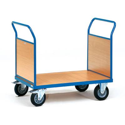 Transportwagen mit blauer Metallrahmen, Holzplattform und vier Rädern. Geeignet zum Bewegen schwerer Gegenstände.