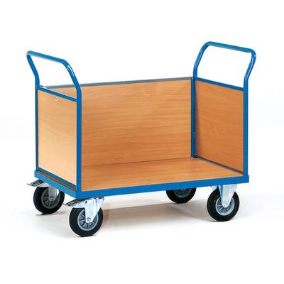 Transportwagen mit blauer Metallrahmen und Holzplatten. Vier Räder, zwei Griffe oben. Geeignet für den Transport von Gegenständen.