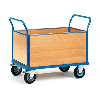 Ein vierrädriger Transportwagen mit Holzverkleidung und blauen Metallrahmen. Er hat zwei Griffe zum Schieben und rollbare Räder.