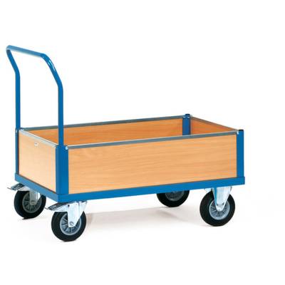 Ein blauer Plattformwagen mit Holzwänden und vier schwarzen Rädern. Geeignet für den Transport von Gütern in einem Lager oder einer Werkstatt.