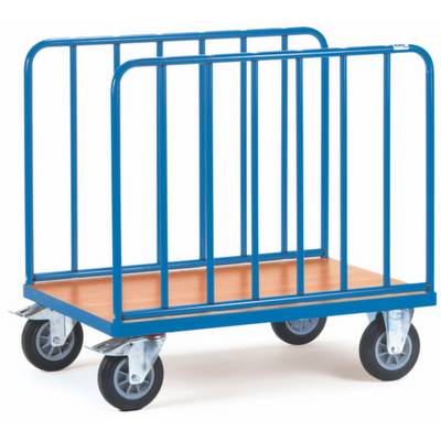 Ein blauer Plattformwagen mit vier Rädern und Holzplattform. Hohe seitliche Gitter für sicheren Transport von größeren Gegenständen.