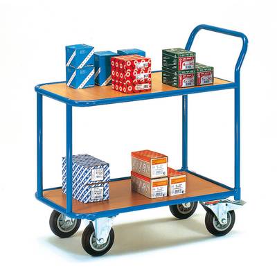 Ein blauer Transportwagen mit zwei Holzablageflächen. Auf jeder Ablage stehen mehrere farbige Boxen und Pakete.