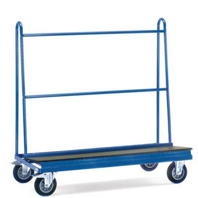 Blauer Transportwagen mit vier Rädern und Trägergestell, geeignet zum Transportieren großer, flacher Gegenstände wie Glas oder Holzplatten.