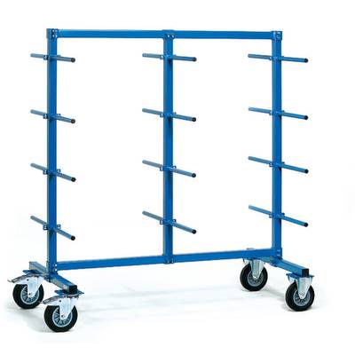 Ein blauer Metallwagen mit zwei Stangenreihen und je fünf Querstreben zum Transport von Materialien. Er hat vier Schwenkräder.