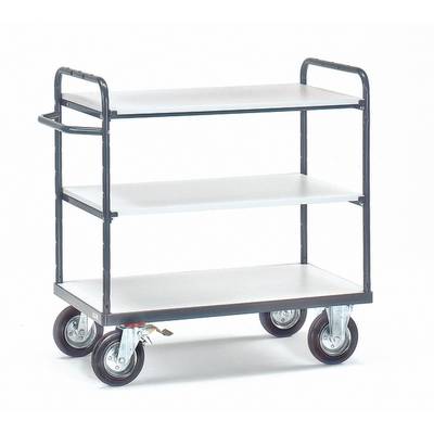 Ein dreistufiger Rollwagen mit vier Rädern aus Metall und Kunststoffregalen, geeignet zum Transport von Materialien in Lagern oder Büros.