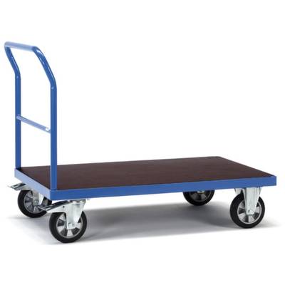 Ein blauer Transportwagen mit vier Rollen und einer Metallplattform. Der Wagen hat einen Griff zum Schieben.