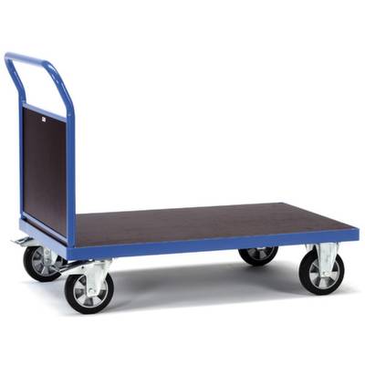 Ein blauer Plattformwagen mit vier Rädern und einer hohen Griffstange. Er wird oft zum Transport von schweren Lasten verwendet.