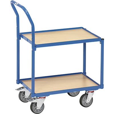 Ein blauer Transportwagen mit zwei Holzböden, vier Rollen unten für Mobilität. Ideal zum Transportieren von Gegenständen auf ebenen Flächen.