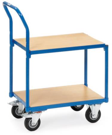 Ein blauer Transportwagen mit zwei Holzplattformen und vier drehbaren Rädern. Ideal zum Transportieren von leichten Gegenständen.