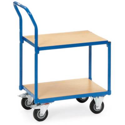 Ein blauer Transportwagen mit zwei Holzplattformen und vier drehbaren Rädern. Ideal zum Transportieren von leichten Gegenständen.