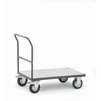 Transportwagen mit vier Rädern und einem Griff, geeignet für den Transport von schweren Lasten in Lagerhallen oder Fabriken.