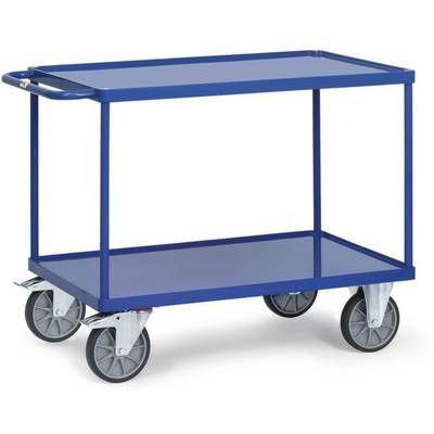 Blauer Transportwagen mit zwei Etagen und vier Rädern, geeignet für den Transport von Gegenständen in Lagern oder Werkstätten.