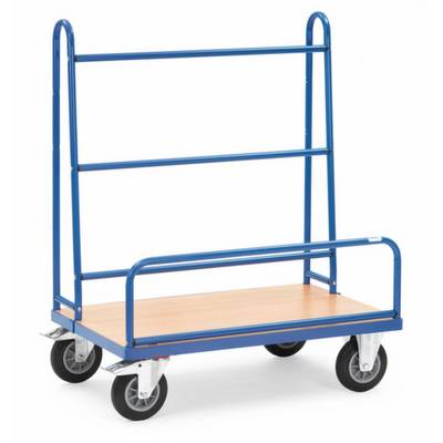 Blauer Transportwagen mit hohen, vertikalen Griffen und vier schwarzen Rollen. Untere Plattform für Lasten. Geeignet für den Lager- oder Werkstattgebrauch.