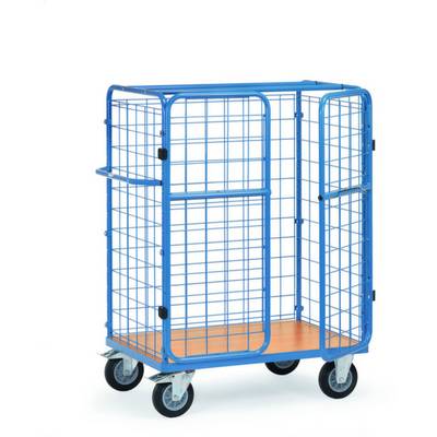 Blauer Transportwagen mit Metallgitterseiten und vier Rädern, geeignet für den sicheren Transport von Waren.