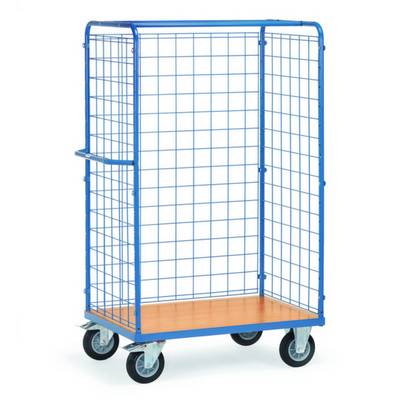 Blauer rollbarer Gitterwagen mit Metallrahmen und Holzboden, steht auf vier Rädern. Geeignet für den Transport von Waren oder Materialien.
