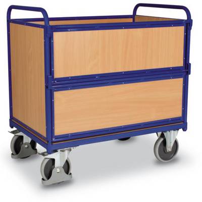 Transportwagen mit Holzplatten und blauen Metallstreben, vier Rollen, geeignet für den industriellen Einsatz oder Lagerbereiche.