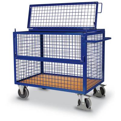 Ein blauer Metall-Rollwagen mit Gitterseiten und vier Rädern, teilweise geöffnet. Geeignet für den Transport von Gegenständen.