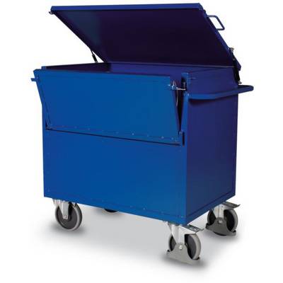 Ein blauer, offener Müllcontainer auf Rädern, geeignet für den Transport von Abfällen.