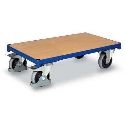 Ein niedriger Rollwagen mit blauer Metallrahmen und Holzplatte, ausgestattet mit vier großen lenkbaren Rädern.