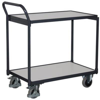 Wagen mit zwei Ablagen, Metallrahmen und vier Rollen, geeignet für Transportzwecke.