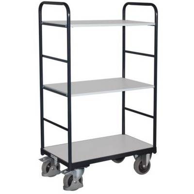 Ein dreistöckiger Transportwagen mit schwarzen Metallrahmen und grauen Regalböden auf vier Rädern. Ideal für den Transport von Gegenständen.
