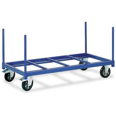 Ein blauer Transportwagen mit vier Rädern und senkrechten Stangen an den Ecken, geeignet zum Transport von großen, flachen Gegenständen.