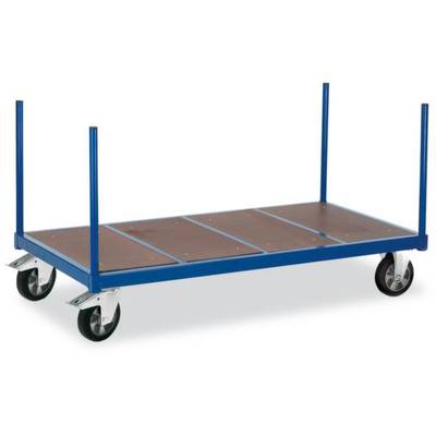 Ein blauer Transportwagen mit vier Rädern und einer flachen, rechteckigen Ladefläche. Die Ladefläche besteht aus Holzplatten.