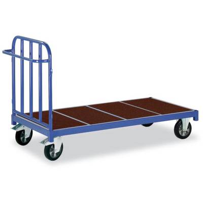 Blauer Plattformwagen mit Metallrahmen und vier Rädern.