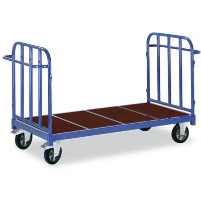 Ein blauer Plattformwagen mit vier Rädern und seitlichen Gittern, zum Transport von Lasten geeignet.