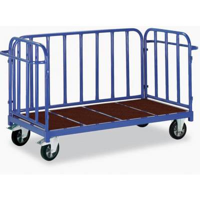 Ein blauer Plattformwagen mit hohen seitlichen Gitterwänden und vier Rollen, ideal für den Transport von Gütern in Lagern.